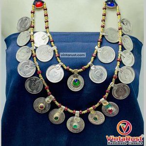 Multi-Strand Coins Necklace, Vintage Coins Necklace With Beaded Chain